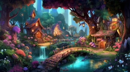 Lush enchanted garden with talking animals, fairies, and sparkling waterfalls - obrazy, fototapety, plakaty