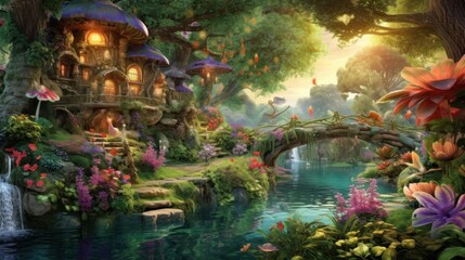 Obraz na płótnie Canvas Lush enchanted garden with talking animals, fairies, and sparkling waterfalls