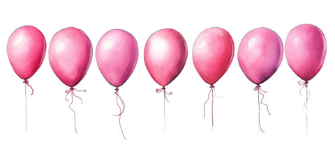 row of round pink ballons in watercolor design on transparent background