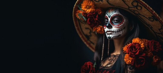 Woman with Sugar Skull Make Up and Flowers. Day of the Dead. Halloween. Copy Space. Banner. Generative AI