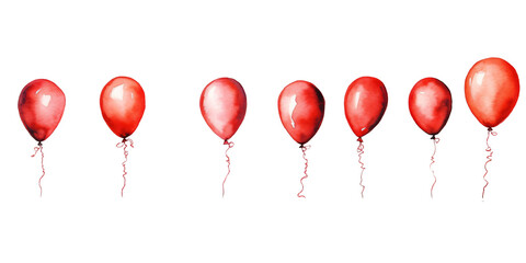 row of round red ballons in watercolor design on transparent background