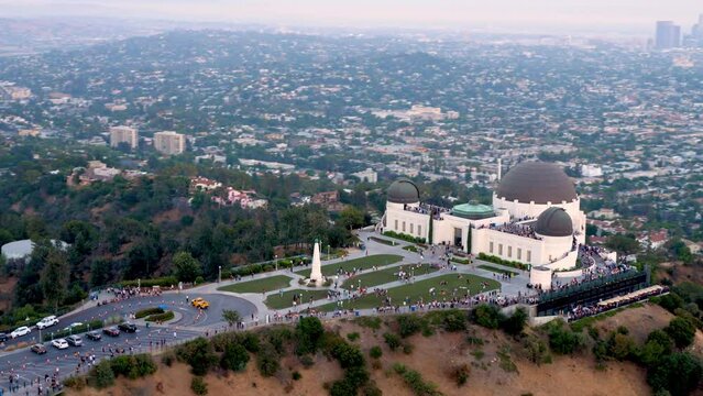 Aerial shot of Griffith Observatory in Los Angeles at twilight.