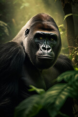 Gorilla close up in jungle greenery. Generative ai