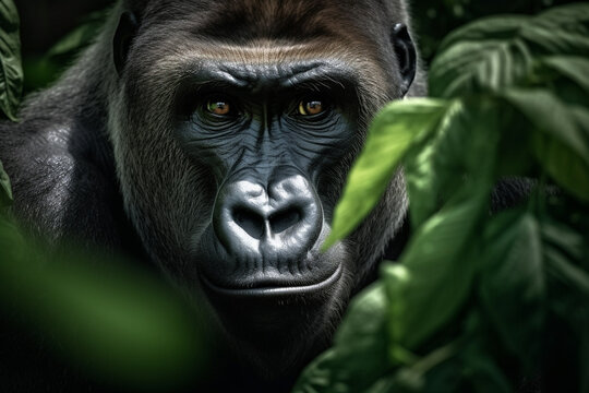 Gorilla close up in jungle greenery. Generative ai