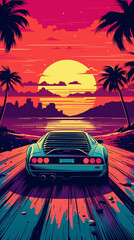 Retro wave 80s image of sports car in sunset