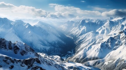 Serene mountain range covered in snow, with a breathtaking view of the valley below