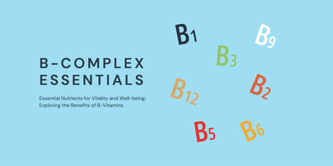 B-Complex Essentials Banner on Blue Background. Stylish B-Vitamins Banner with Text and Icons for Healthcare and Medical