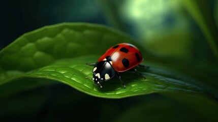 Fototapeta na wymiar red ladybug with open wings on Green Leaf. Beautiful ladybug,