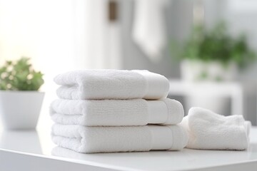 Obraz na płótnie Canvas White clean towels on table in bathroom, generative ai