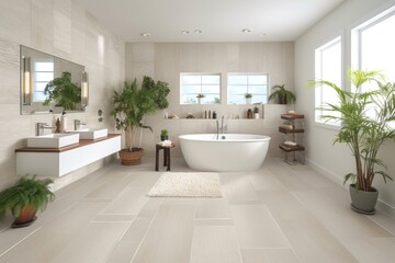 Fototapeta na wymiar Modern bathroom interior, beige interior, generative ai
