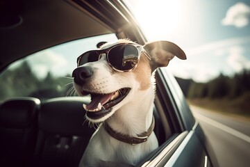 Cute happy dog looking out of car window, generative ai