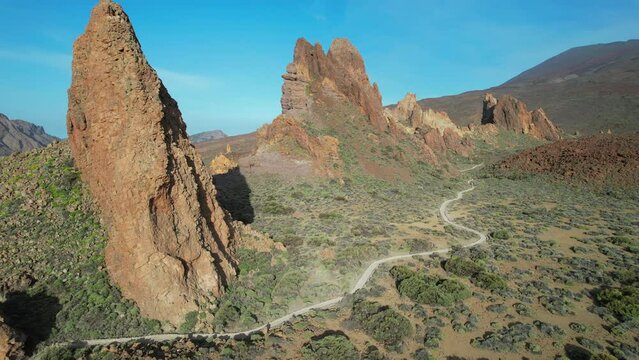 Aerial fly over view above the heart of Teide natural Park in Tenerife - La Ruleta - Canary Islands - Spain