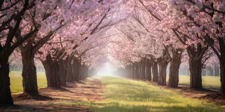 blossoming cherry orchard with trees adorned in delicate pink blossoms, creating a breathtaking sea of flower  Generative AI Digital Illustration Part#100623