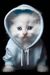 Cute fluffy white kitten with bright blue eyes wearing a bathrobe