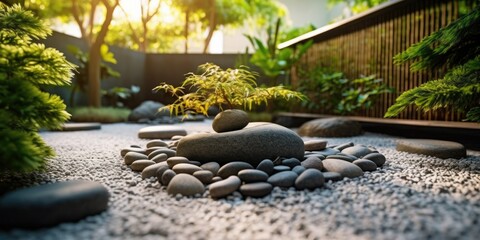 A tranquil Zen garden with meticulously raked gravel  Generative AI Digital Illustration Part#100623