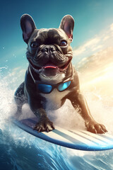 coole fröhliche französische Bulldoge Hund mit Sonnenbrille beim surfen auf einem Surfboard im Meer mit großen Wellen. Hochformat. Hochkant. Generative Ai.