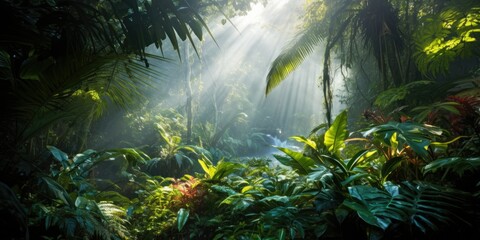 lush tropical rainforest teeming with vibrant foliage, exotic plants, and a rich diversity of life  Generative AI Digital Illustration Part#110623