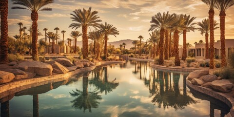 desert oasis nestled amidst the arid landscape, with lush green palm trees and a tranquil pool of water reflecting the clear desert sky  Generative AI Digital Illustration Part#110623