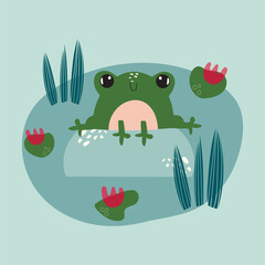 cute frog character vector illustration sitting on a stone in a swamp among water lilies and grass