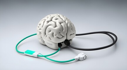 Human brain connected to power cables , illustration, AI generative