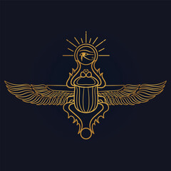 Fototapeta premium Egyptian Scarab bug with wings And ankh symbol 