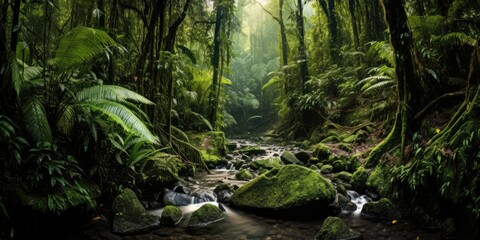 lush and dense tropical rainforest, with towering trees, cascading waterfalls, and a vibrant array of flora and fauna  Generative AI Digital Illustration Part#110623