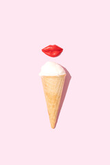 Ice cream Summer dessert with red lips on a pink background. Summer aesthetic surreal cosmetic...