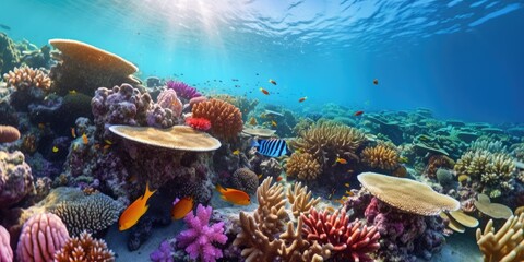 underwater world of vibrant coral reefs, teeming with colorful fish and marine life  Generative AI Digital Illustration Part#110623