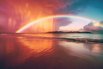 Fototapeta na wymiar Rainbow sunset at the beach and the ocean