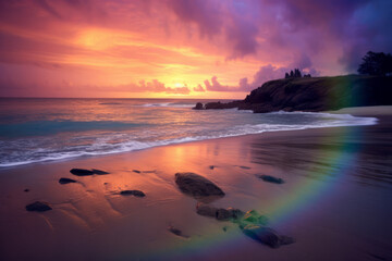 Fototapeta na wymiar Rainbow sunset at the beach and the ocean