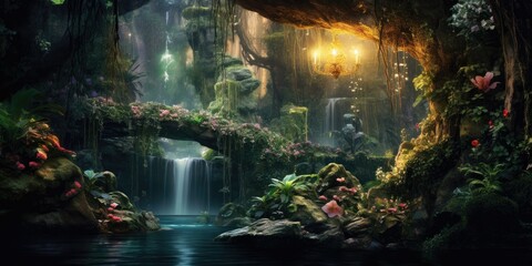 Fototapeta na wymiar hidden waterfall cascading into a mystical grotto, adorned with moss-covered rocks and surrounded by lush vegetation Generative AI Digital Illustration Part#110623