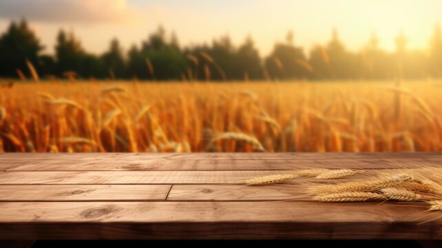 The empty wooden table top with blur background of wheat farm. Generative AI image AIG30.