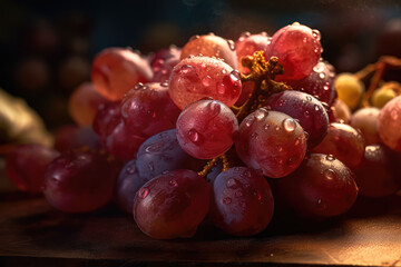 Closeup of tasty fresh red grapes with rain droplets. Summer fruit wallpaper for healthy food store. Generative AI professional photo imitation.