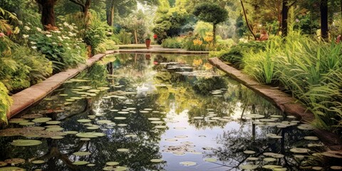 A garden with a still pond, its mirrored surface reflecting an enigmatic world beyond  Generative AI Digital Illustration Part#110623