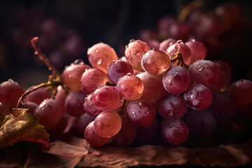 Close-up of tasty fresh red grapes with rain drops. Summer fruit wallpaper for healthy food store. Generative AI professional photo imitation.