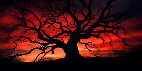 A silhouette of a gnarled tree looms against a blood-red sky  Generative AI Digital Illustration Part#110623