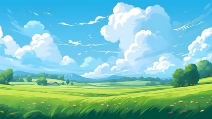 Poster Summer fields, hills landscape, green grass, blue sky with clouds, flat style cartoon painting illustration. © Prasanth