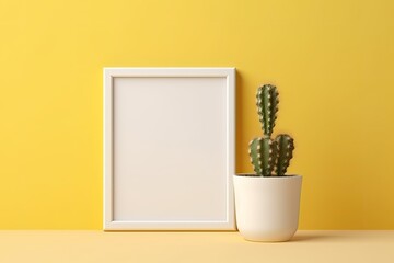 interior mock-up. modern framed artwork. Idea for minimalist image frames. White ceramic cactus in an empty frame mockup on a light yellow background. Generative AI