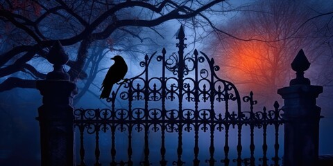 A raven perches on a rusted, wrought-iron gate, overlooking a mist-shrouded graveyard.  Generative AI Digital Illustration Part#110623