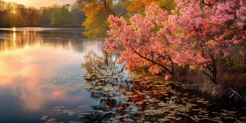A serene lakeside scene unfolds, with vibrant blossoms lining the water's edge   Generative AI Digital Illustration Part#110623