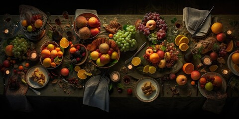 Obraz na płótnie Canvas Portray a table adorned with a feast of ripe fruits and overflowing goblets Generative AI Digital Illustration Part#110623