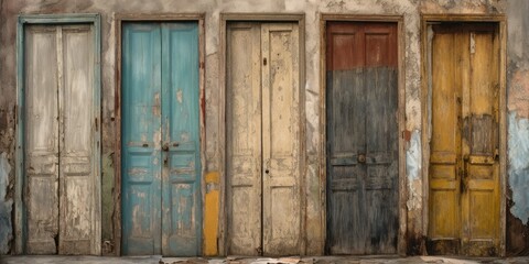Enigmatic Doorways - Focus on a series of old, weathered doors standing in a row, each leading to a different unknown destination  Generative AI Digital Illustration Part#110623