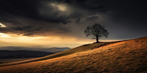  Melancholic Horizon - Capture the silhouette of a lone tree on a hill Generative AI Digital Illustration Part#110623
