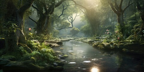 Enchanted Groves - Venture into an enchanted forest where the brook runs through a mystical realm   Generative AI Digital Illustration Part#110623