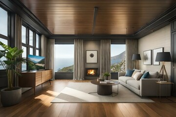 modern living room with fireplace generated by AI technology 