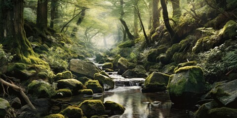Whispers of Nature - Discover the hidden secrets of a secluded brook nestled within a dense forest.    Generative AI Digital Illustration Part#110623