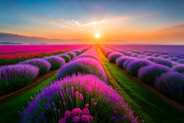 Fototapeta na wymiar lavender field at sunset generated by AI technology 