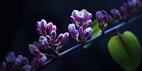  Enigmatic Blooms - A close-up shot of partially opened lilac buds against a dark background  Generative AI Digital Illustration Part#110623