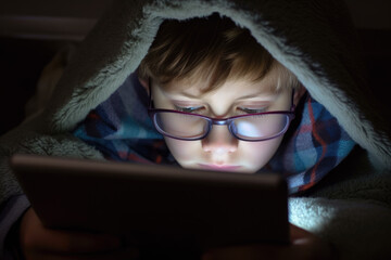 Small boy wearing glasses watching tablet or mobile phone at bed, blanket over his head. Bedtime blue light screentime can lead to worse eyesight. Generative AI