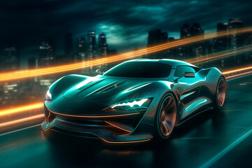 Fototapeta na wymiar futuristic sports car rides at high speed on neon highway, illustrates the speed of a supercar made with Generative AI